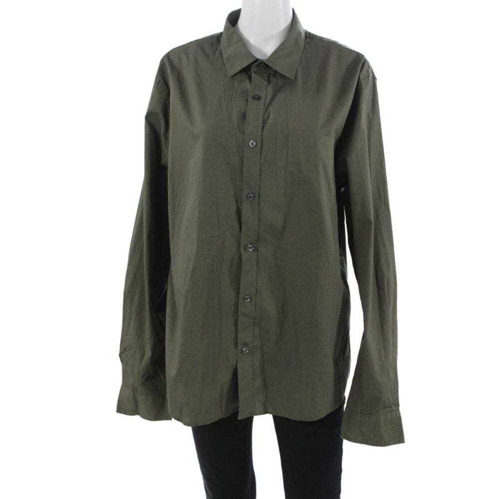 Vince Mens Point Collar Button Up Shirt Green Cotton Long Sleeve Size L